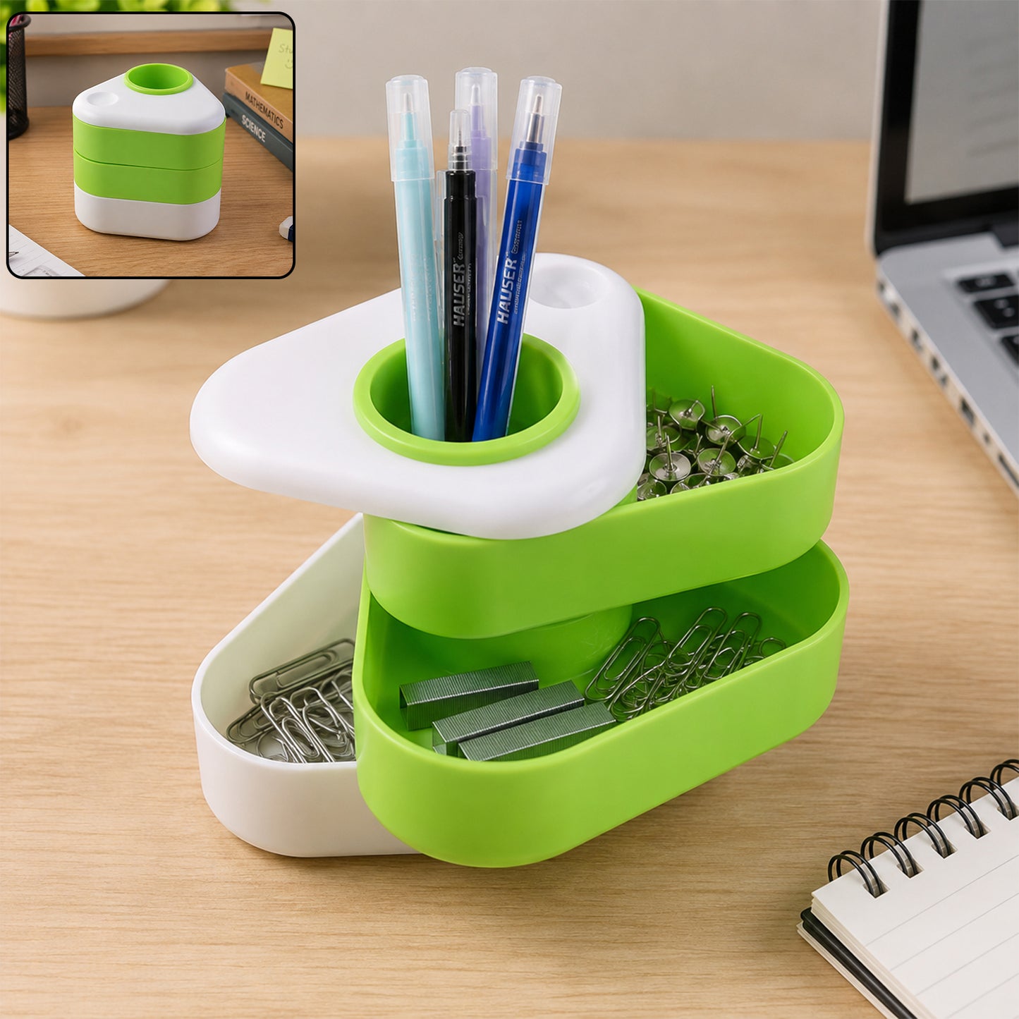 Triangle Rotating Desk Organizer with Pen Holder & Storage Trays for Office & Study