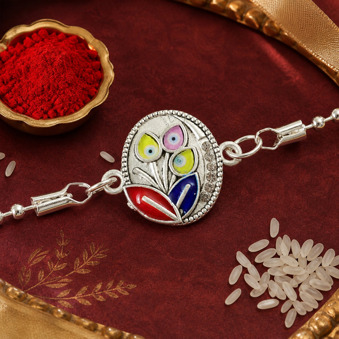 Leaft Evil Eye Motif Enamel Crystal Studded Silver Chain Designer Rakhi