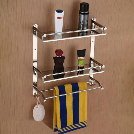 Multipurpose Wall Mounted Bathroom Shelf Organizer with Towel Bar and Storage Rack