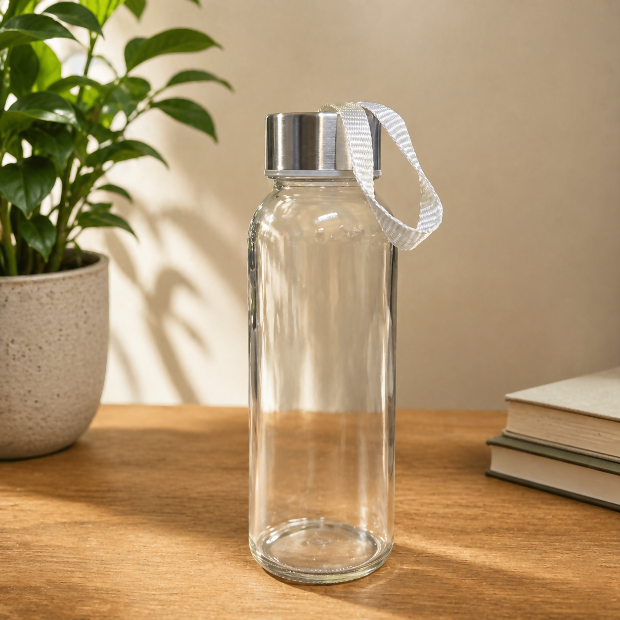 Glass water bottle inside purple protective sleeve with handle