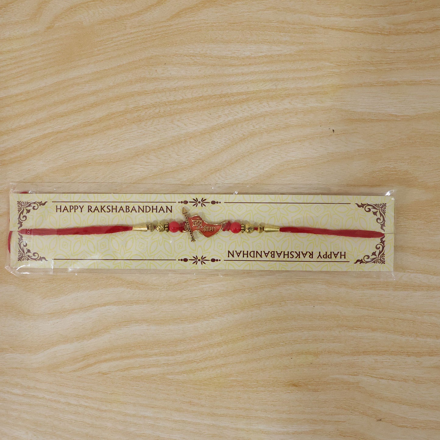 Jay Shree Ram Red Meenakari Flag Rakhi with Gold Beads and Mauli Thread