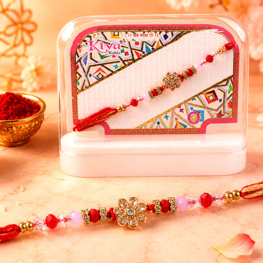 Ruby Red American Diamond Flower Rakhi for Brother, Crystal Beads Gift