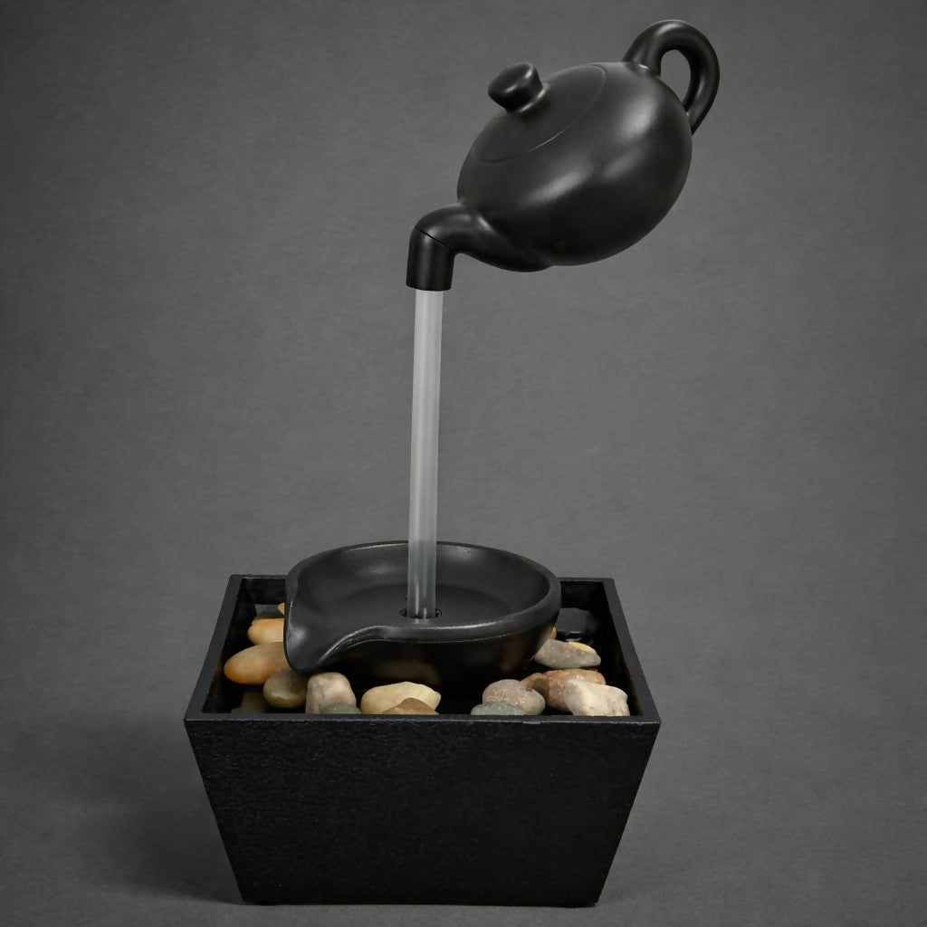 Zen Tabletop Water Fountain with Floating Teapot & Pebble Base