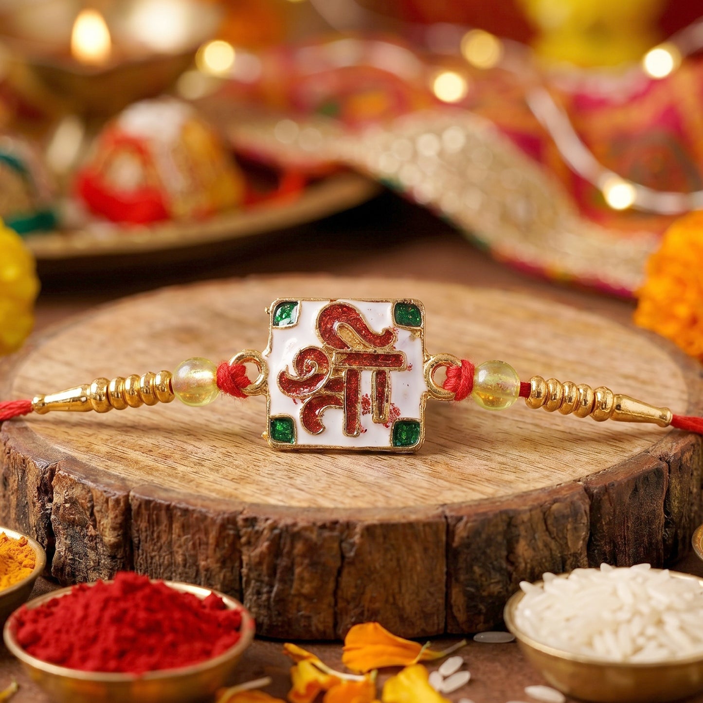 Shree Symbol Square Rakhi with Green Stones and Gold Beads
