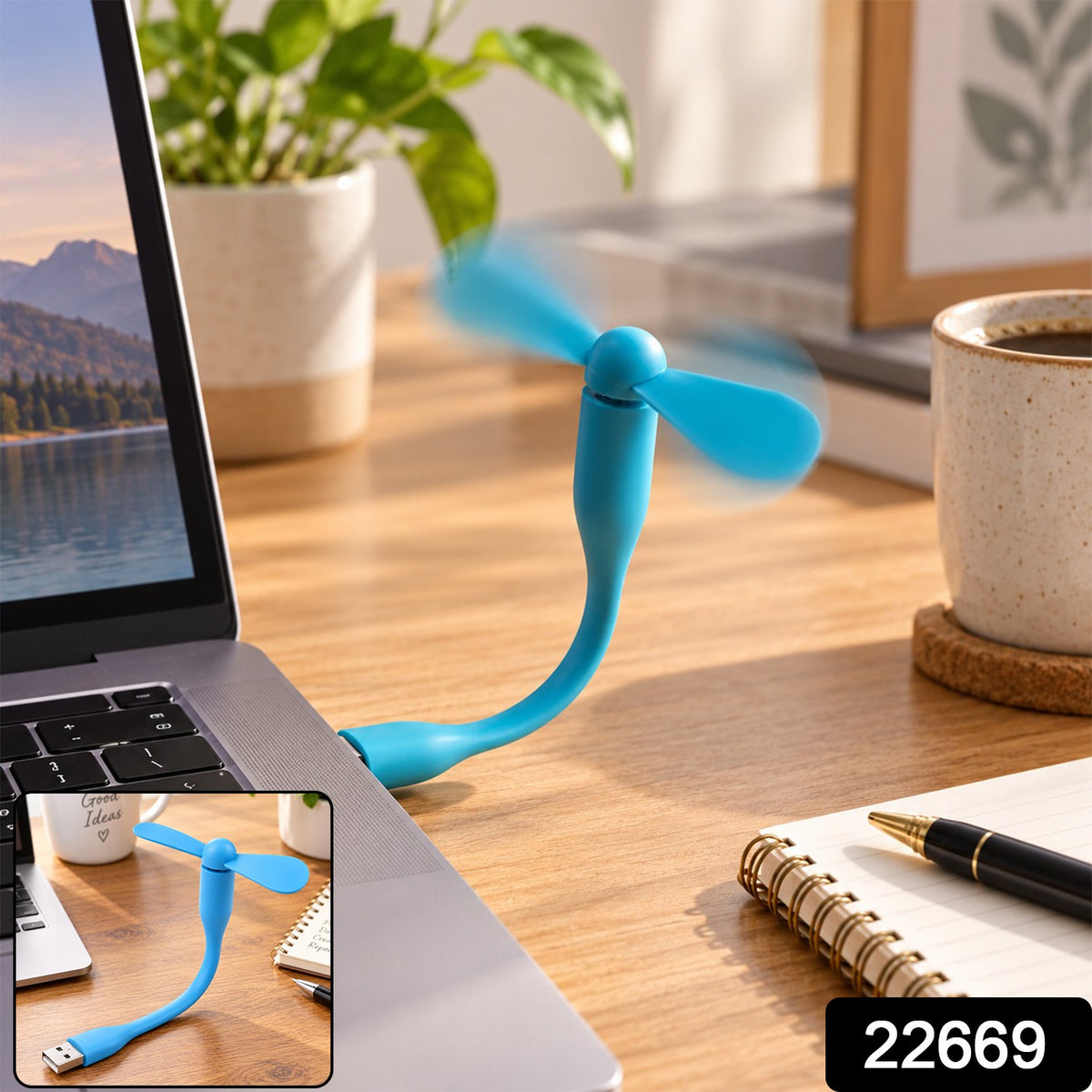A blue flexible USB fan with spinning blades is plugged into a silver laptop, with a small inset showing the fan unplugged.