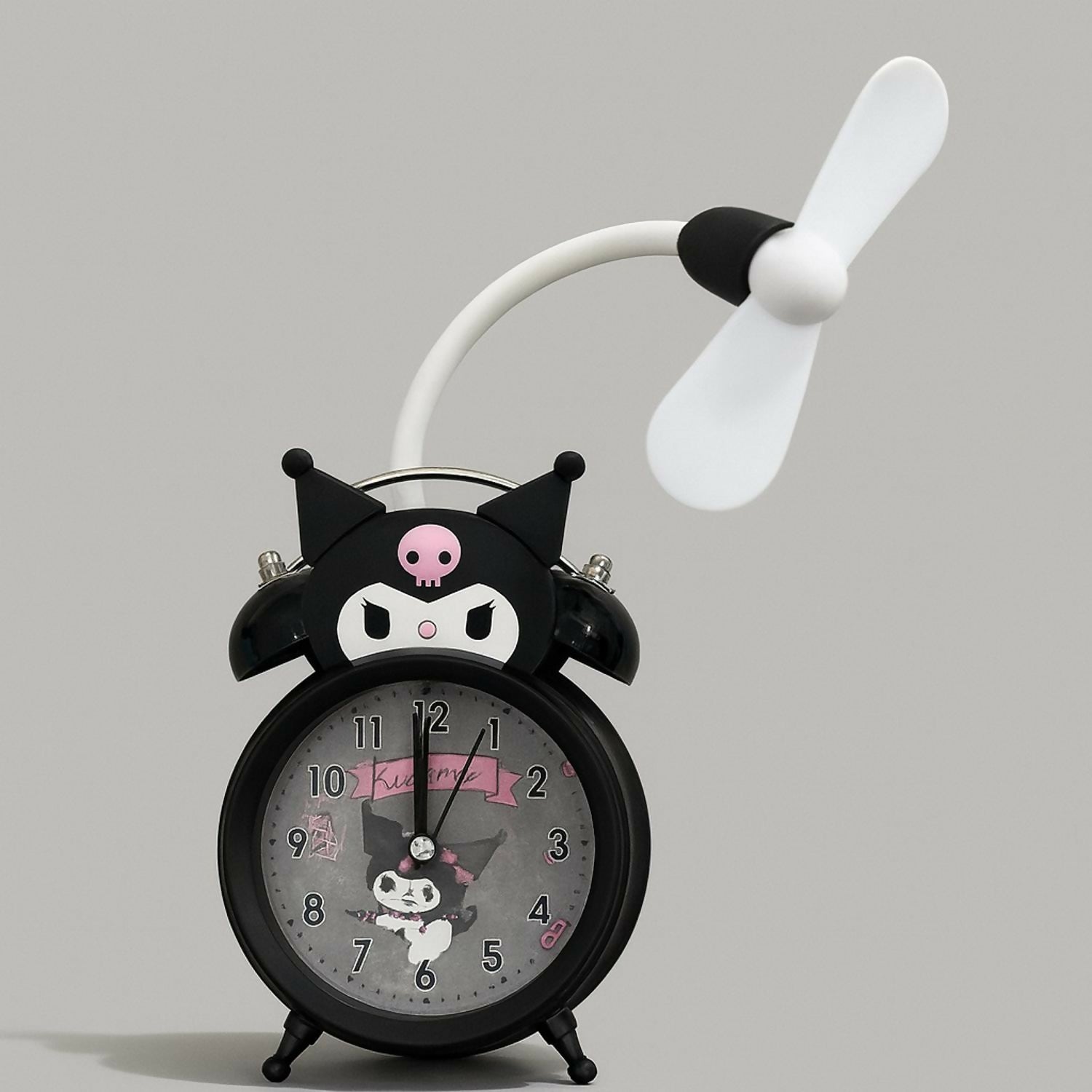 Cute Kuromi Cartoon Alarm Clock with Fan | Kids Bedside Table Clock with Cooling Mini Fan | Black Twin Bell Analog Alarm Clock for Bedroom, Study & Gifting