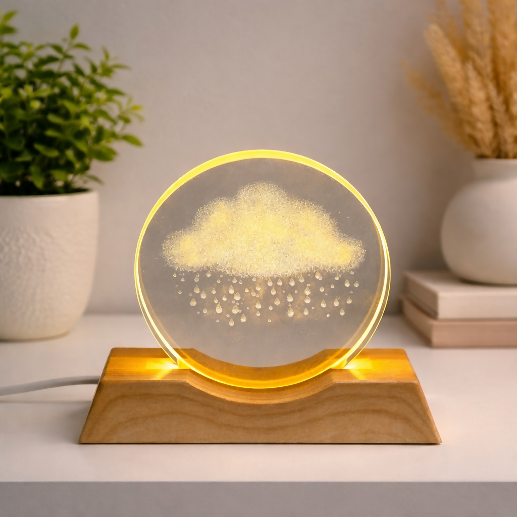 Crystal Cloud LED Night Lamp with Wooden Base | Warm Light Home Décor