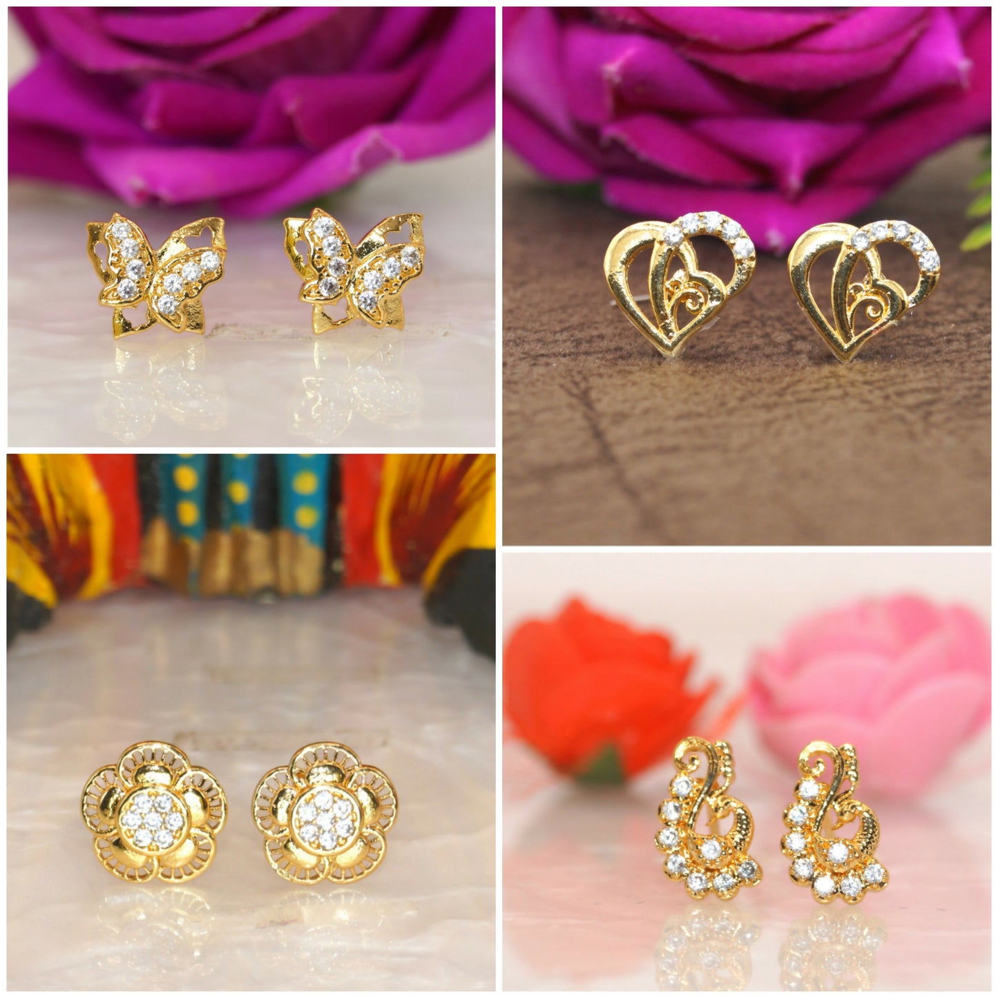 Gold Plated AD Studs Combo - Peacock, Butterfly, Flower & Heart Set for women and girls Combo Pack of 4