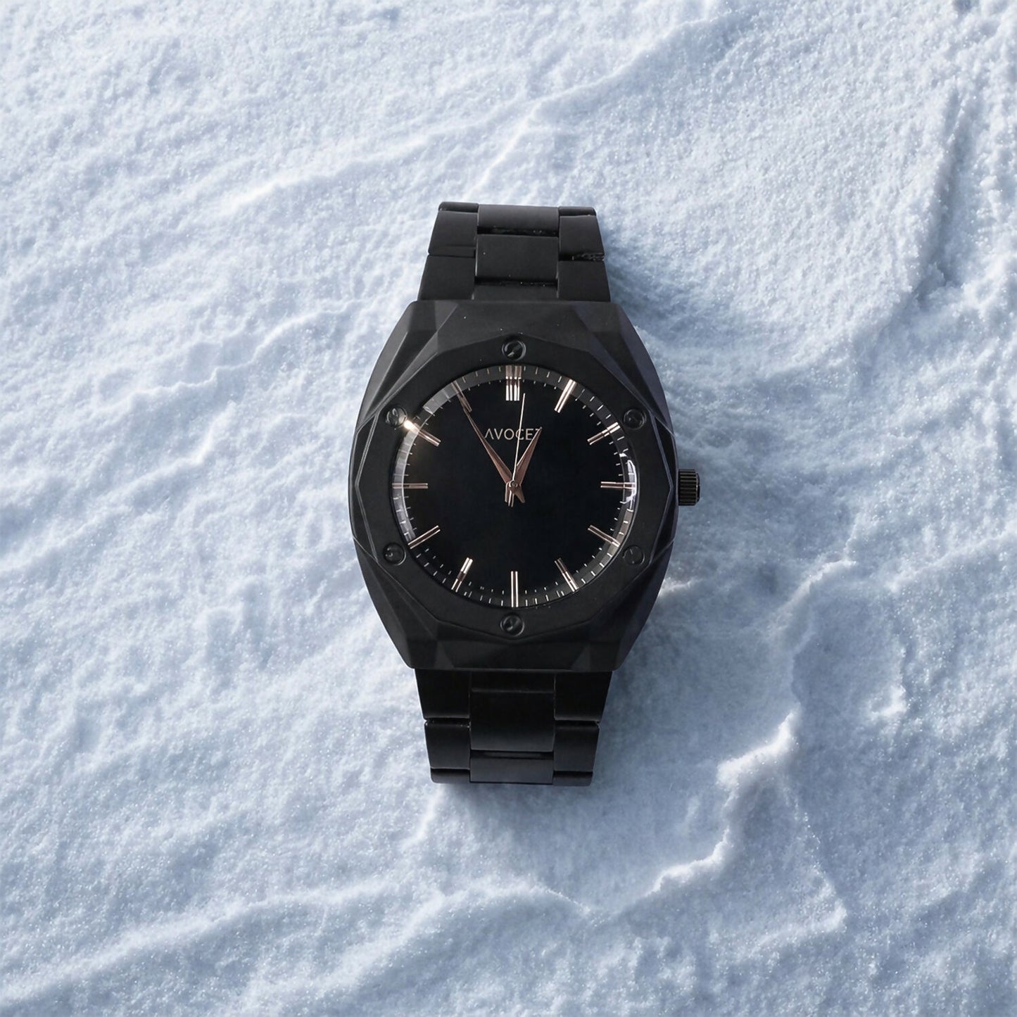 Luxury Matte Black Analog Watch with Geometric Dial Design & Metal Strap