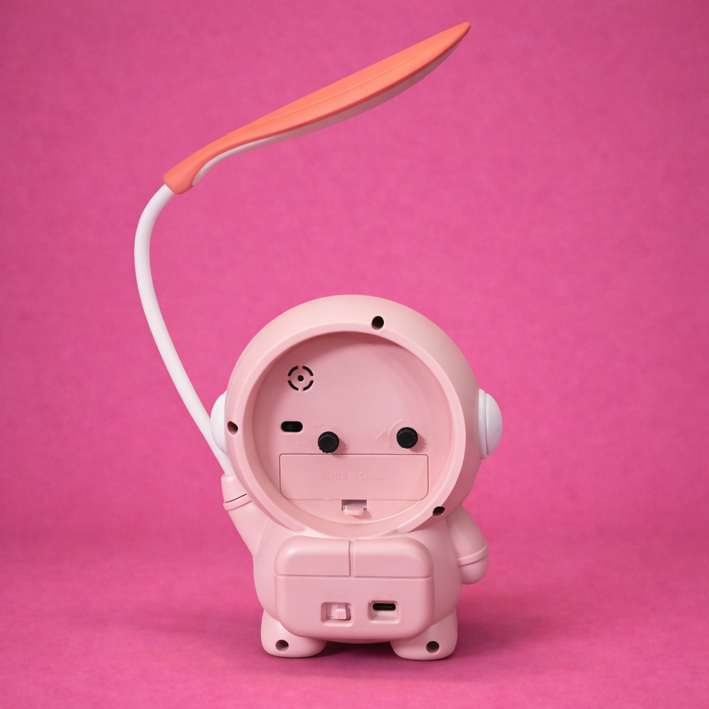 Pink Astronaut Desk Lamp with Alarm Clock for Kids Study Table Bedroom