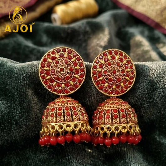 Antique Gold Red Stone Jhumka Earrings Traditional Ethnic Jewelry