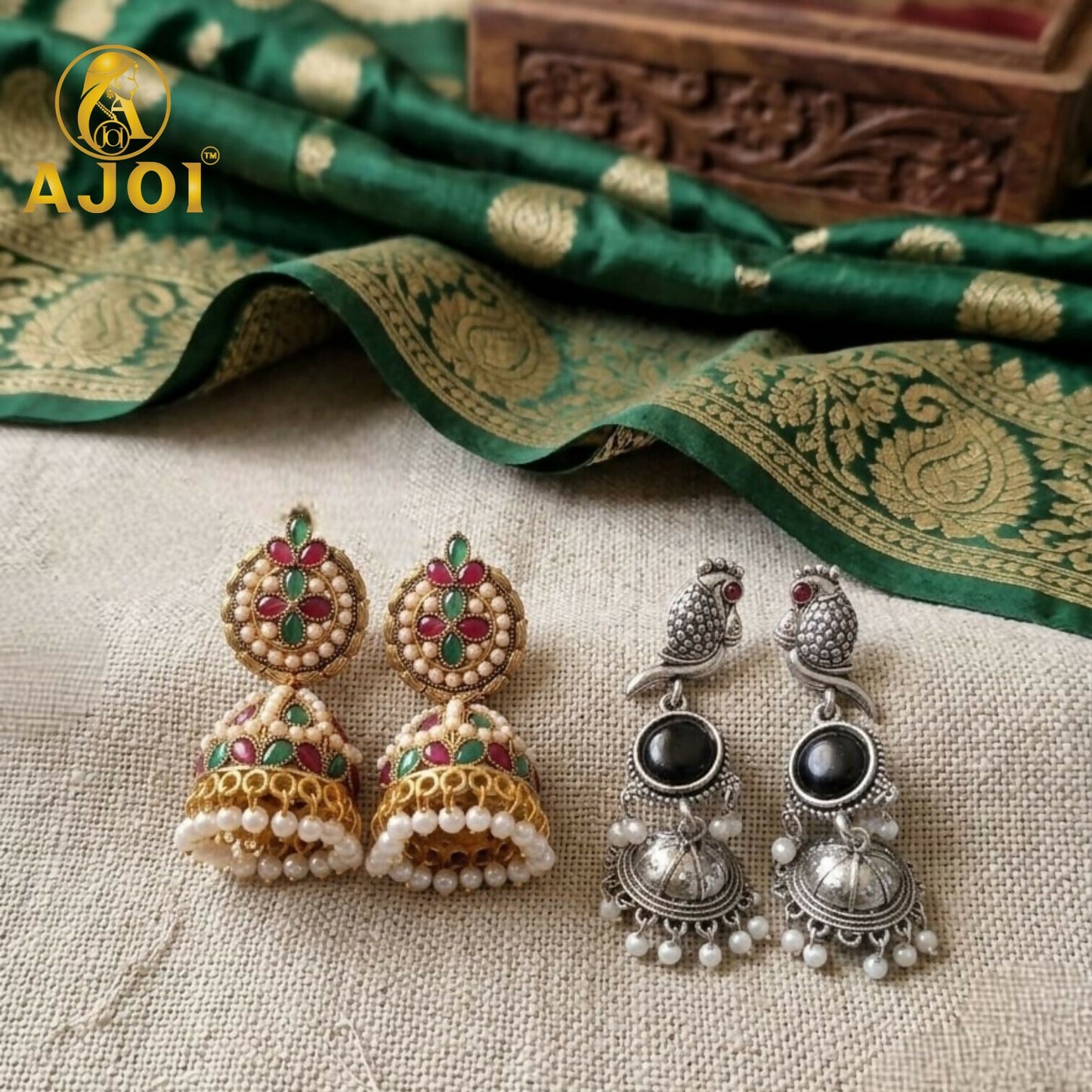 Traditional Jhumka & Oxidized Peacock Earrings Set of 2