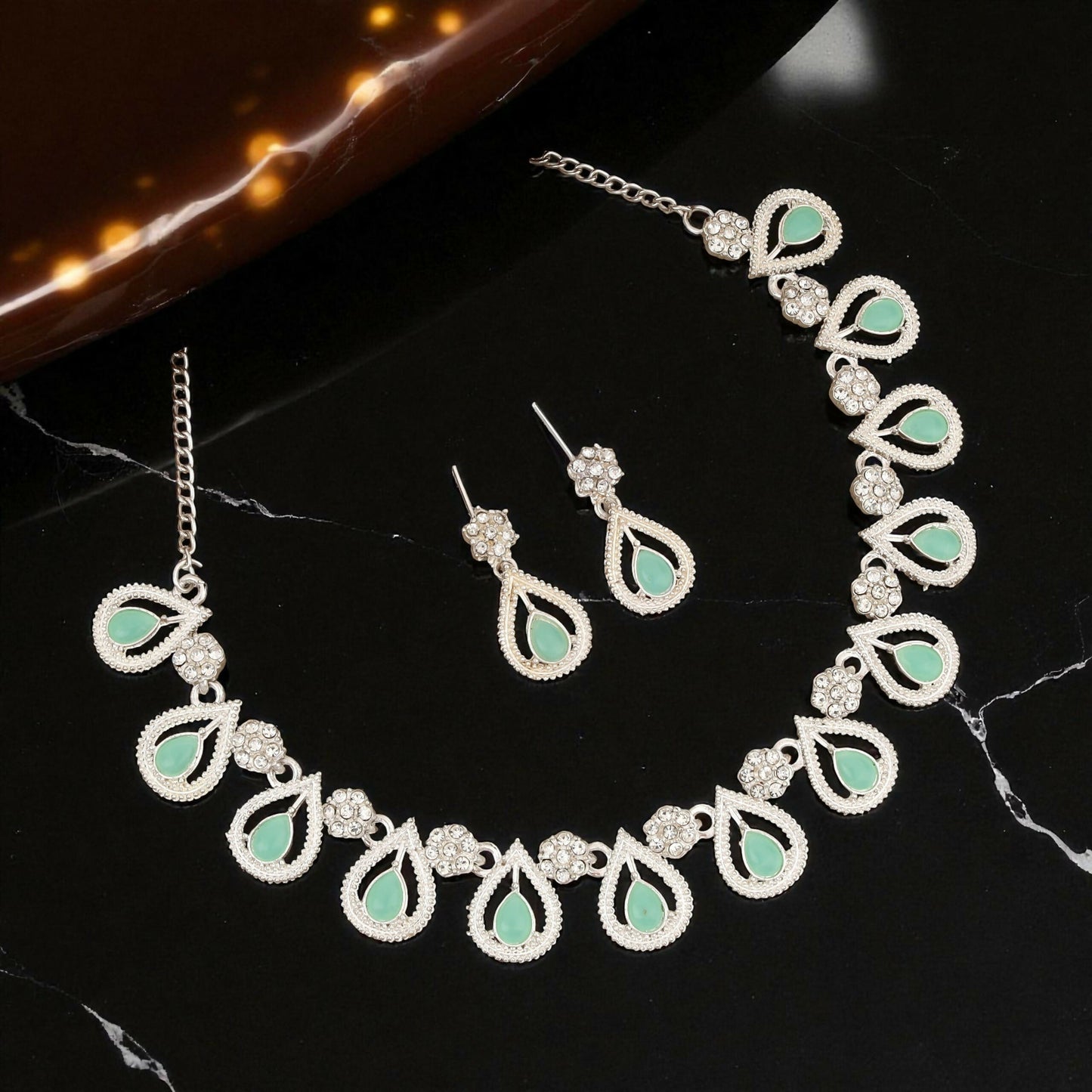 Traditional Pearl Chain with Mint-Green & AD Drop Necklace Set
