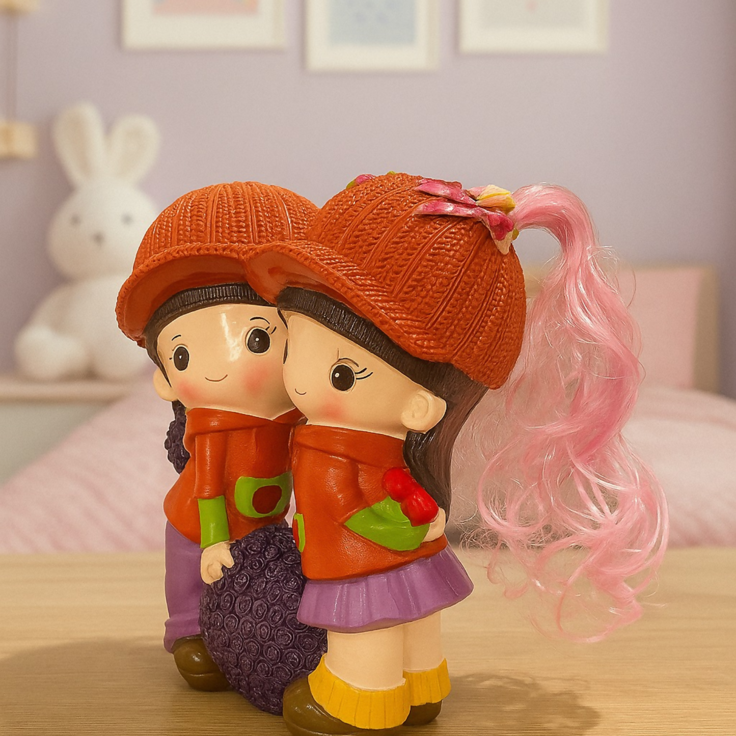 Adorable Couple Hug Piggy Bank with Pink Hair – Cute Boy & Girl Coin Bank in Red Outfits and Caps – Premium Resin Money Saver for Kids Room, Birthday Gift, and Home Decoration