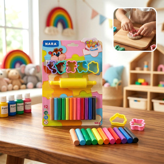 NARA Kids Creative Modelling Clay Set 12 Colors with Moulds & Roller Educational DIY Art & Craft Play Dough Kit (165Gm)