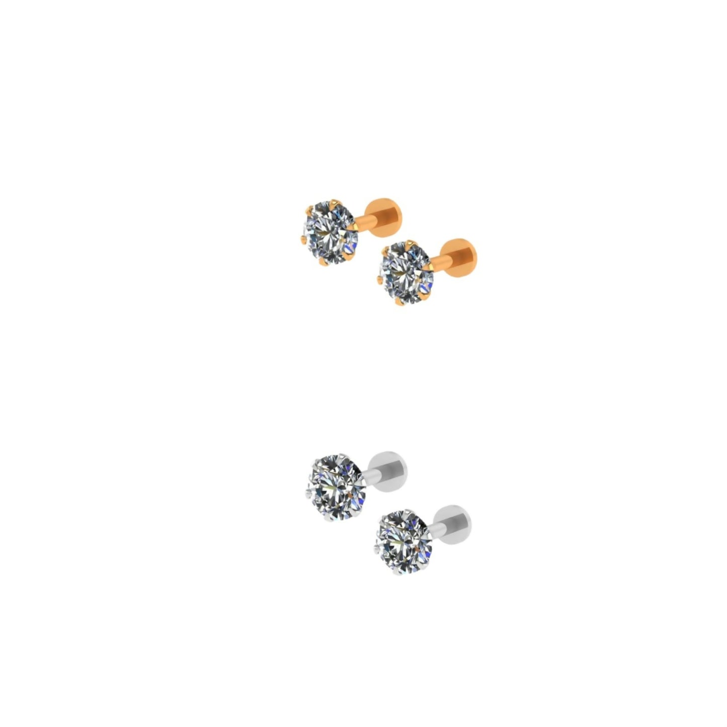 Silver Plated Round AD Solitaire Flat Back Stud Earrings Combo Pack of 2