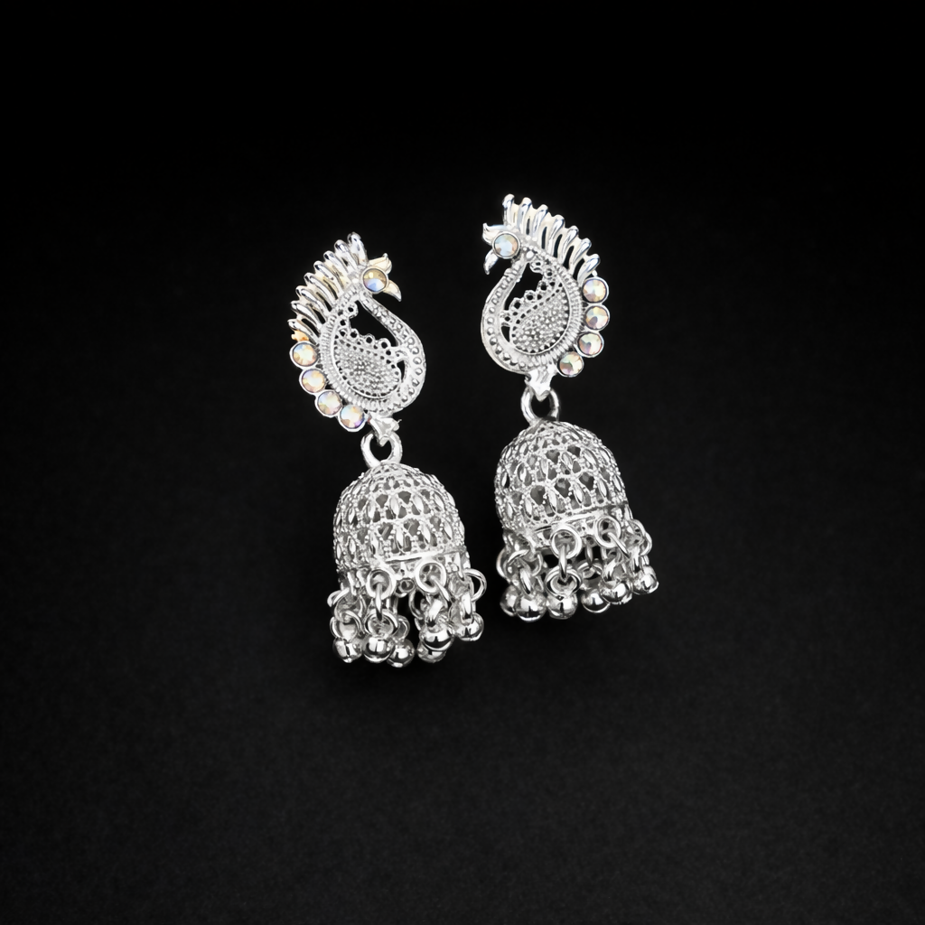 Elegant Silver Finish Peacock Jhumka Earrings