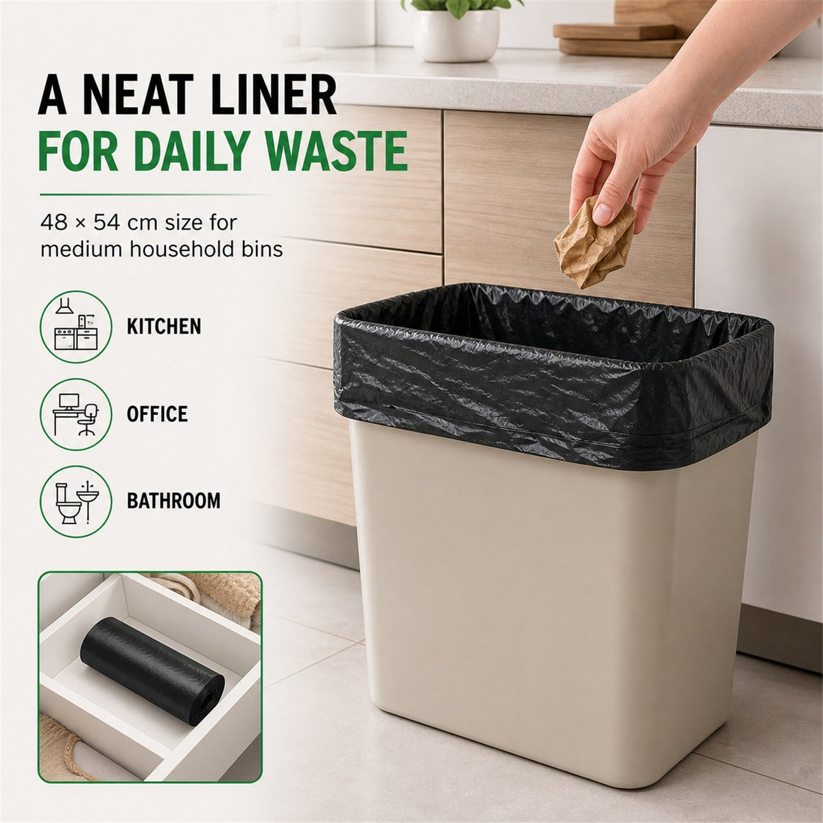Extra-Strong Garbage Bag Roll – Leak-Proof & Tear-Resistant 48x54cm