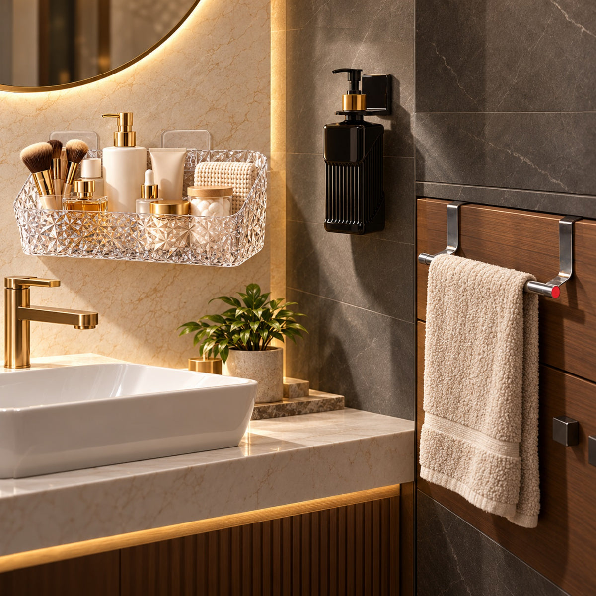 A clear textured plastic shelf and black soap dispenser on a dark tiled wall, with a towel bar on a wooden cabinet.