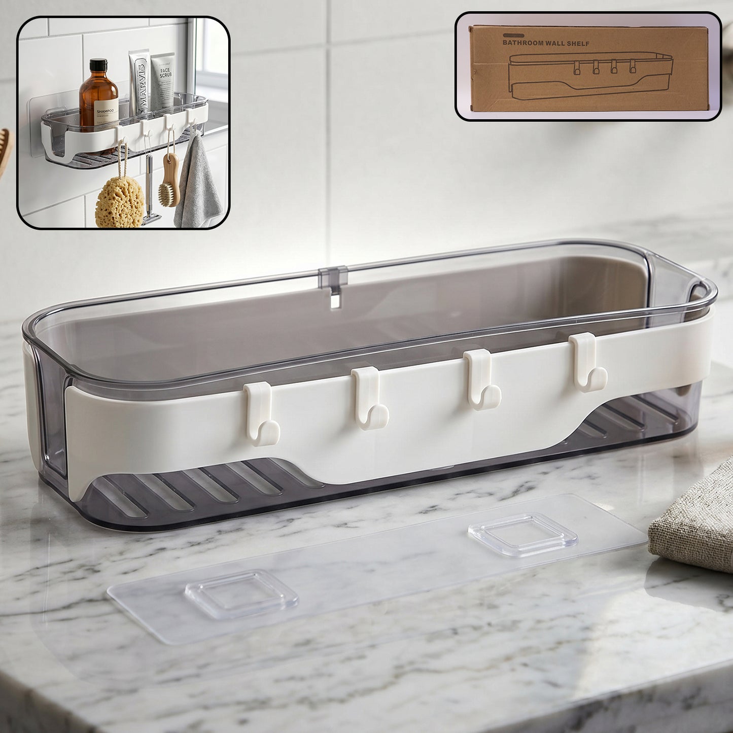 Stylish transparent bathroom wall shelf with white accents & three hooks