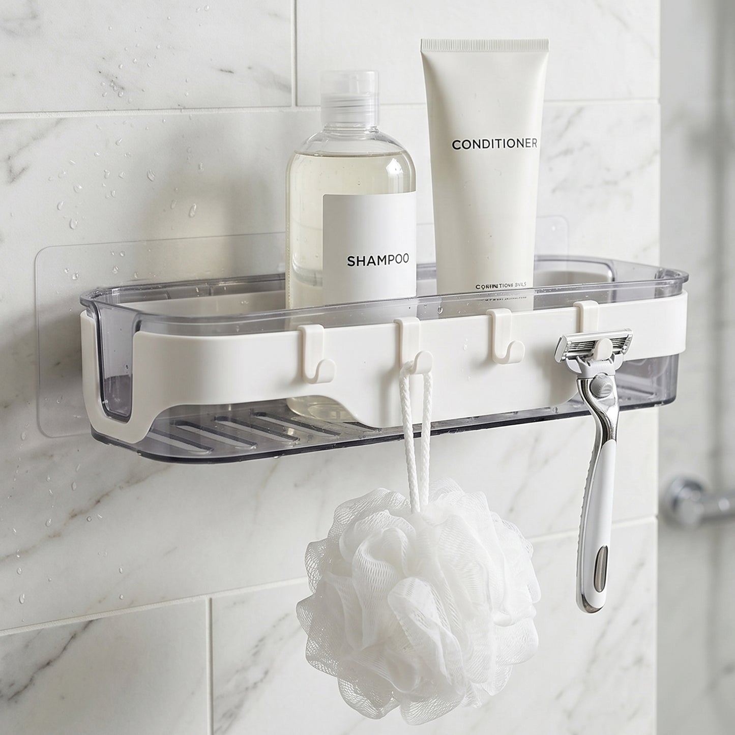 Bathroom wall organizer shelf with various personal care products