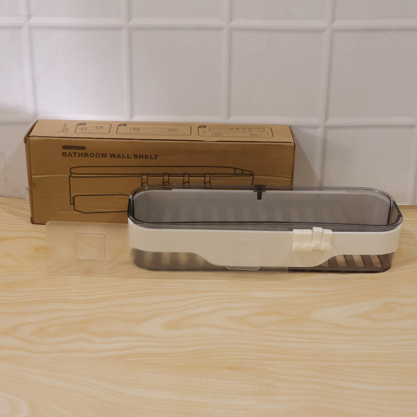 Transparent bathroom wall shelf displaying installation perspective