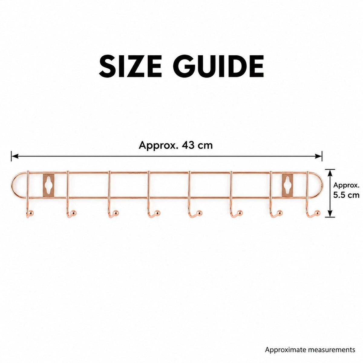 A rose gold metal wall hanger with eight hooks displays its dimensions, approximately 43 cm wide and 5.5 cm high.