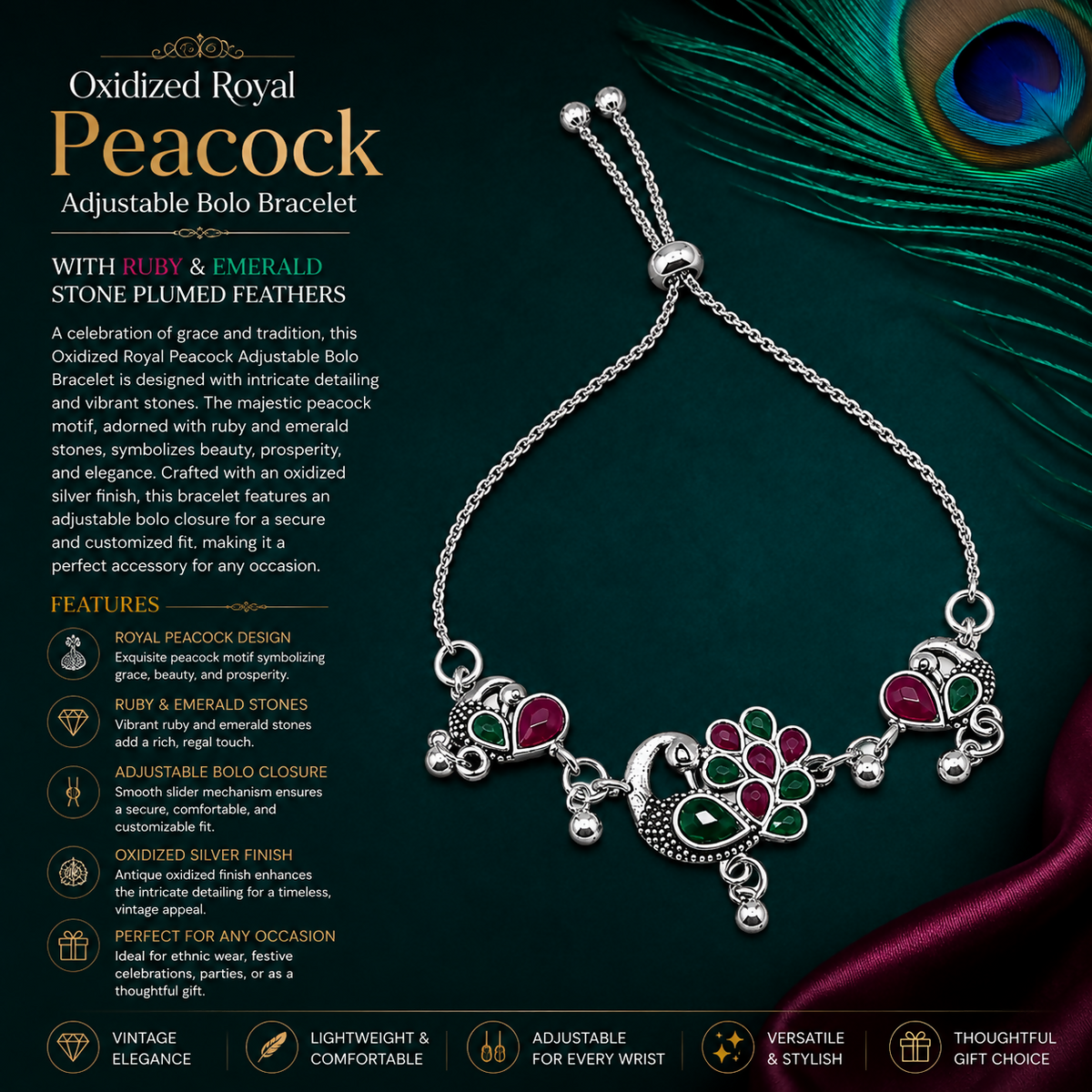Silver bolo bracelet with ruby and emerald peacock motifs, with product details on left.
