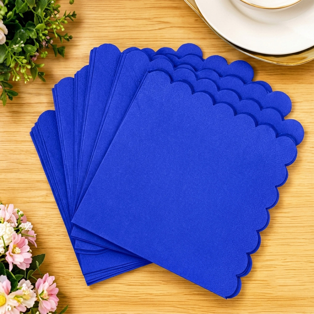 Blue Scalloped Edge Disposable Paper Napkins for Parties (30 Pc)