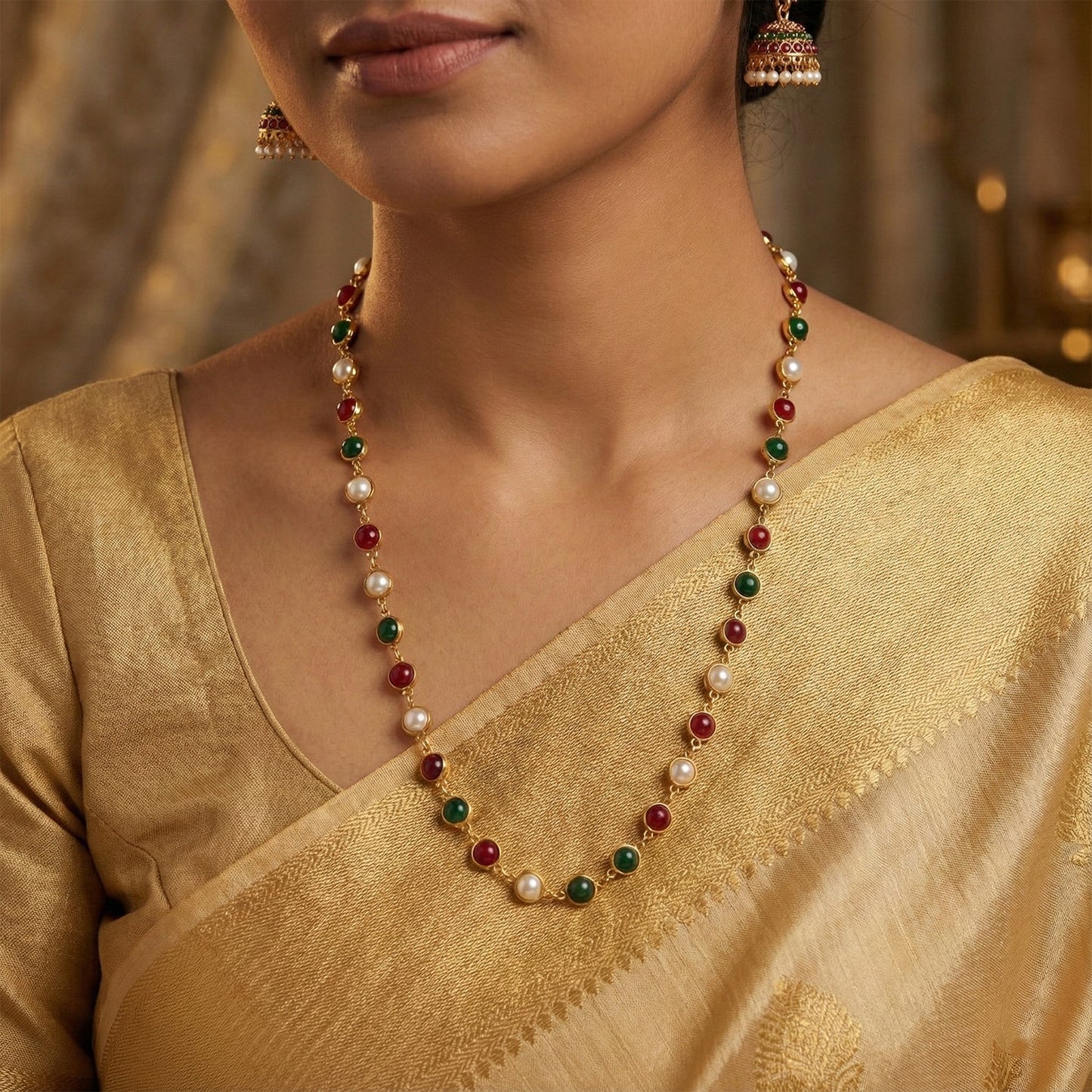 Multicolor Beaded Pearl Necklace – Elegant Red & Green Stone Accent