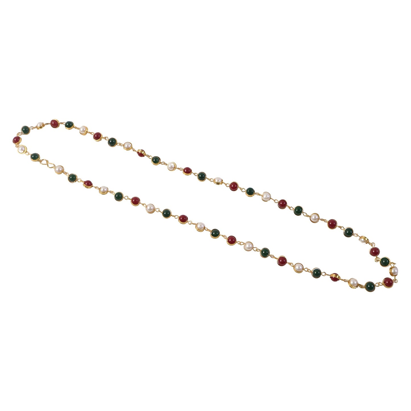 Multicolor Beaded Pearl Necklace – Elegant Red & Green Stone Accent