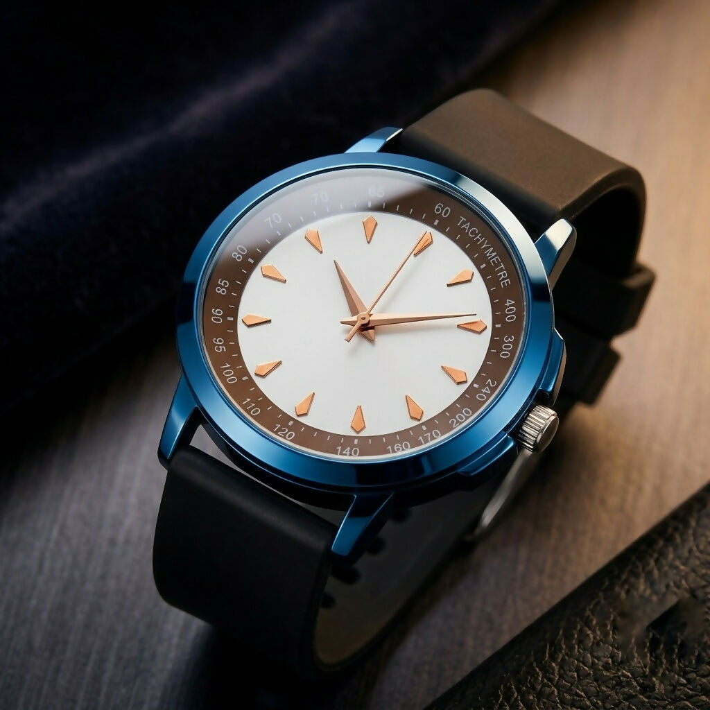 A blue watch with a white dial, gold hour markers, and a black strap rests on a dark, textured background.