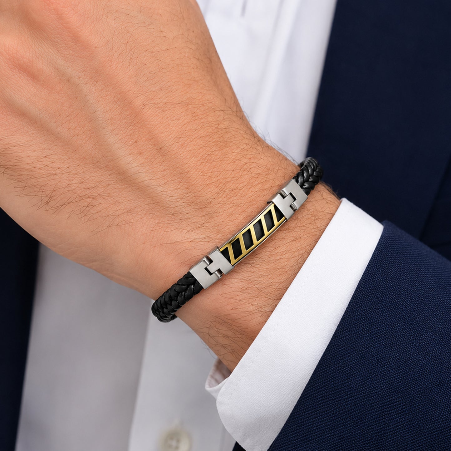Stripe Bracelet Rakhi with Black Braided Band and Dual-Tone Plate for Raksha Bandhan