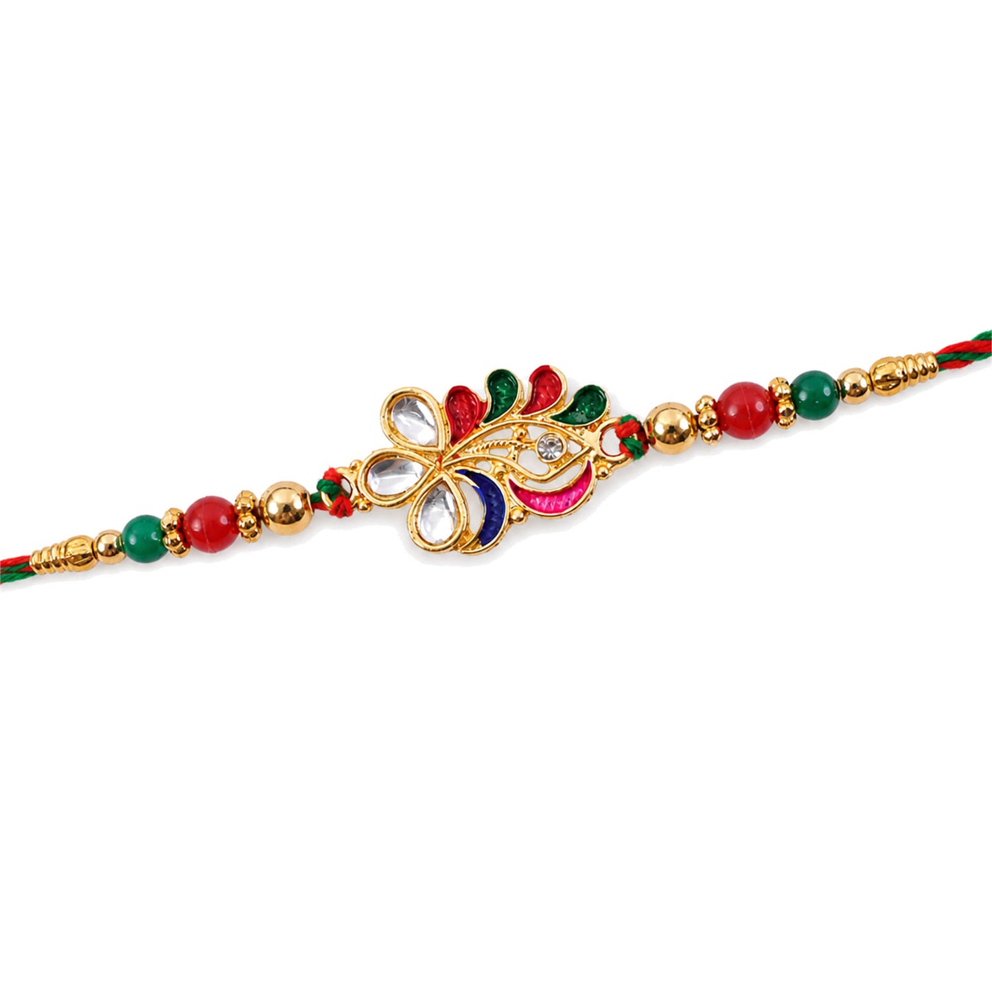 Multicolor Floral Kundan Pendant Rakhi with Green Beads