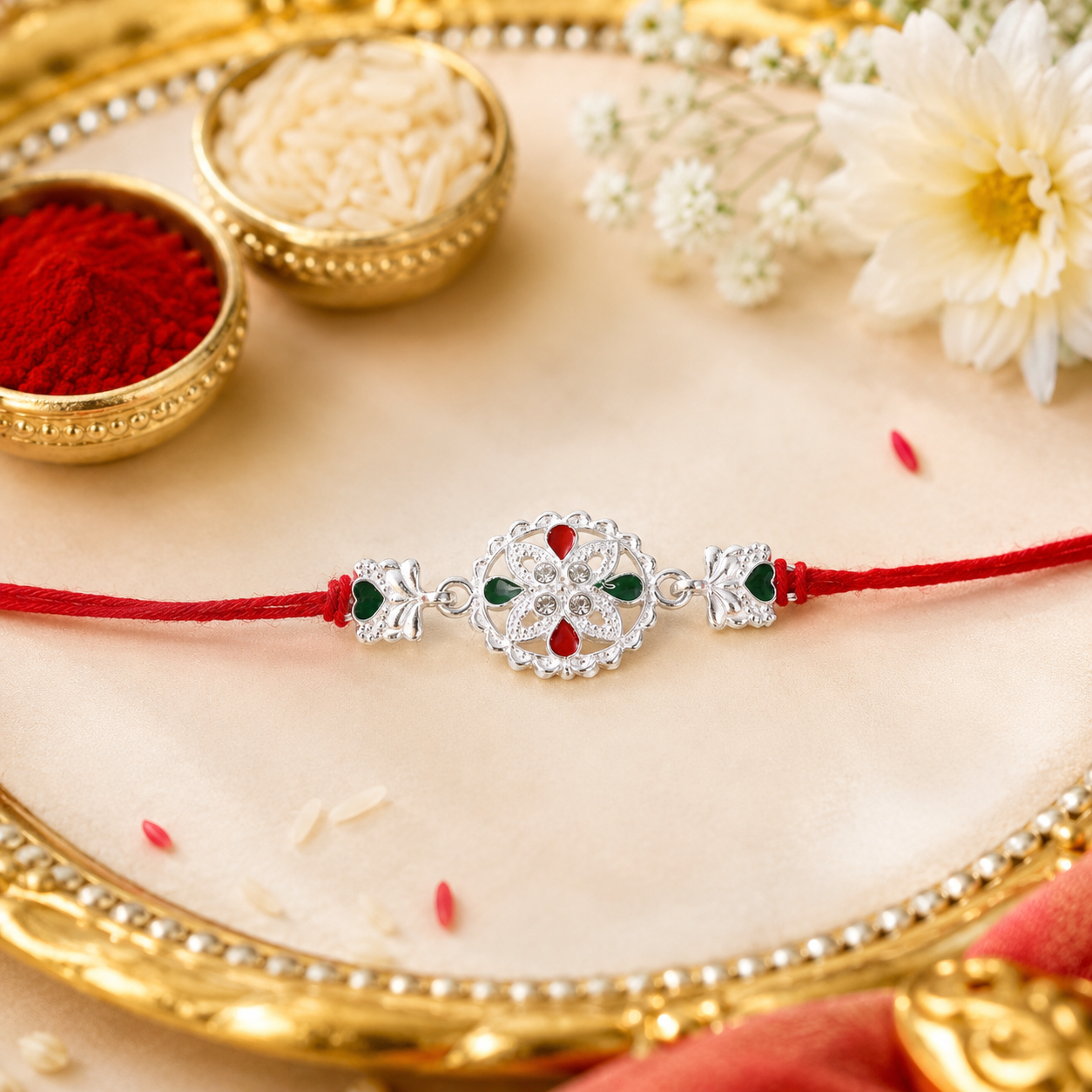 White Silver Floral Rakhi with Red Stone Center and Side Charms