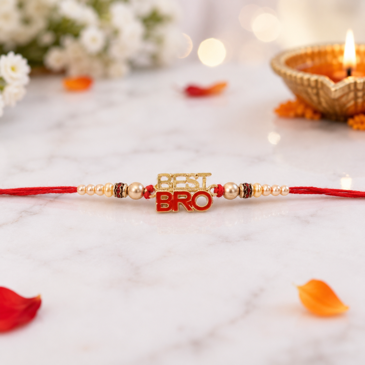 Best Bro Text Rakhi with Gold Letters and Neat Pearl Beads