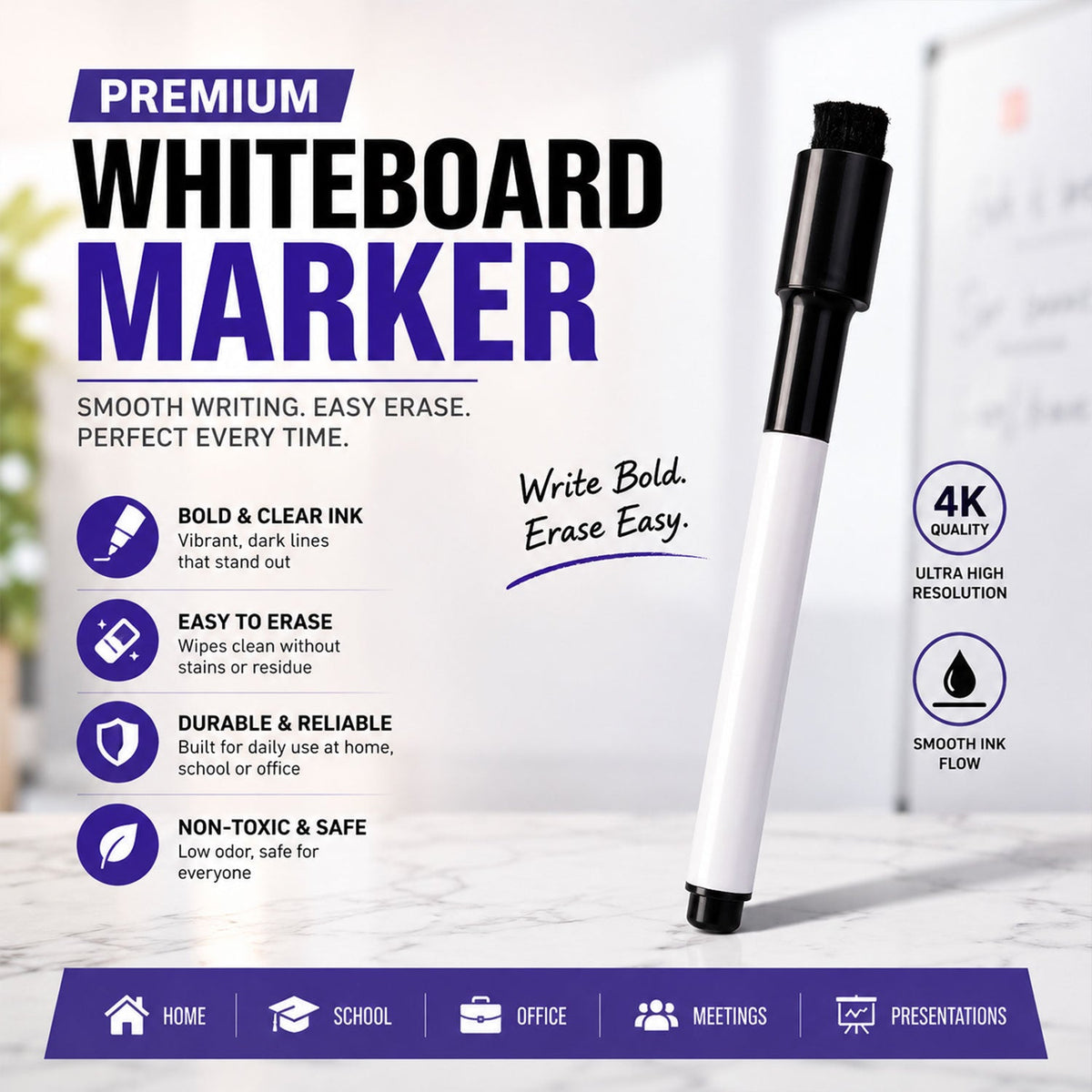 2 in 1 Whiteboard Marker – Dual End Marker with Eraser Cap