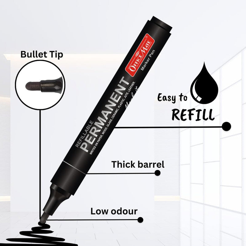 Refillable Permanent Black Marker Pen Set (10 Pcs) – Waterproof, Bullet Tip