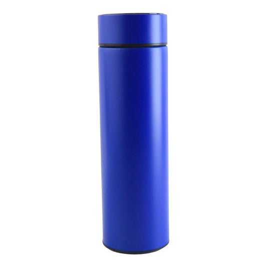 Blue vacuum insulated water bottle with LED temperature display