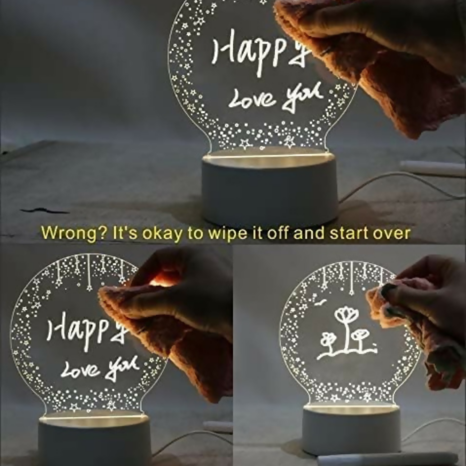 3D Creative Writeable LED Night Lamp with Pen and USB Cable | Custom Message Acrylic Board Light with Erasable Marker | Personalized Home Decor Lamp & Romantic Gift for Birthday, Valentine’s Day & Anniversary