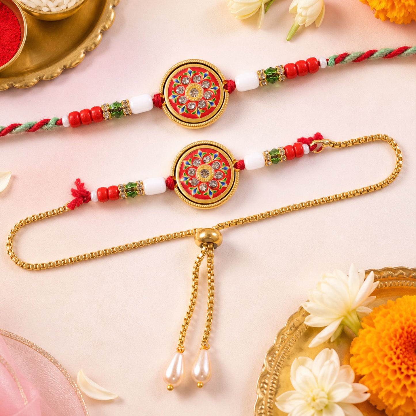 Round Mandala Meenakari Bhai Bhabhi Lumba Rakhi with Pearl Tassels