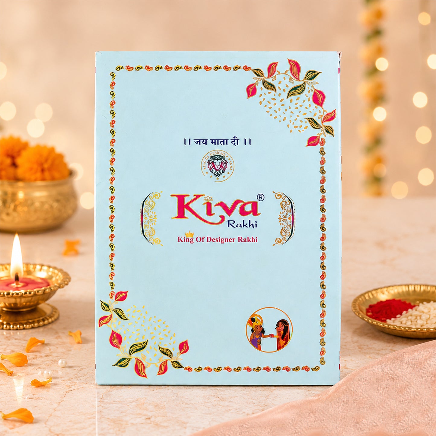 Silver Butterfly Leaf Rakhi with Pastel Stones, Roli Chawal Coin and Card Packing