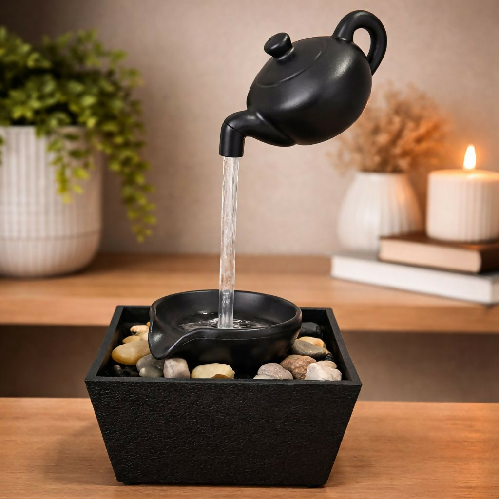Zen Tabletop Water Fountain with Floating Teapot & Pebble Base
