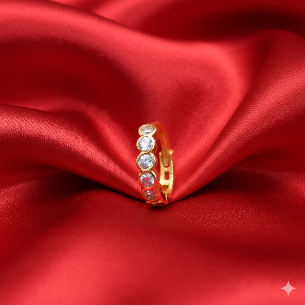 Gold plated nosepin hoop ring with crystal inlays, front view