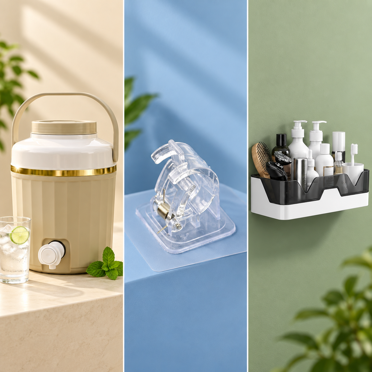 Premium Kitchen & Home Organizer Combo – Water Dispenser, Storage Tray & Transparent Wall Hook