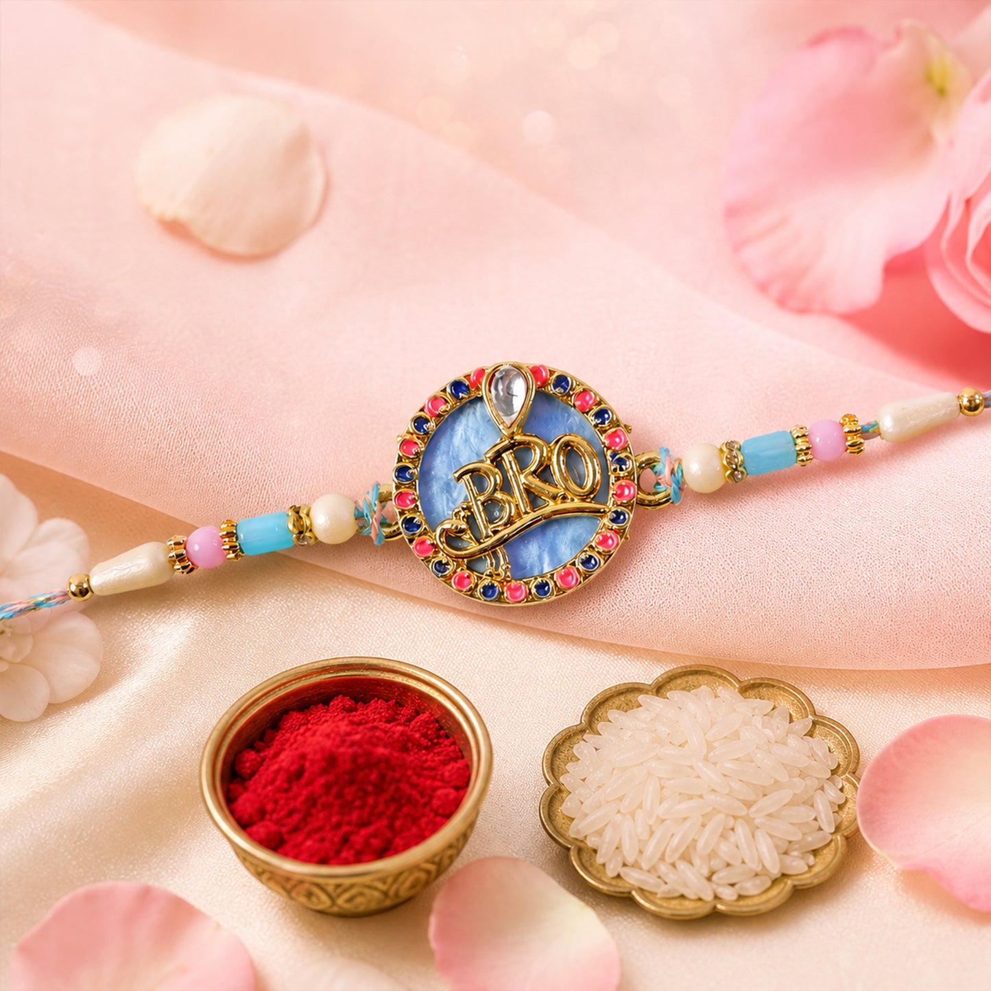 Bro Text Pendant Rakhi with Pink and Navy Kundan Stones