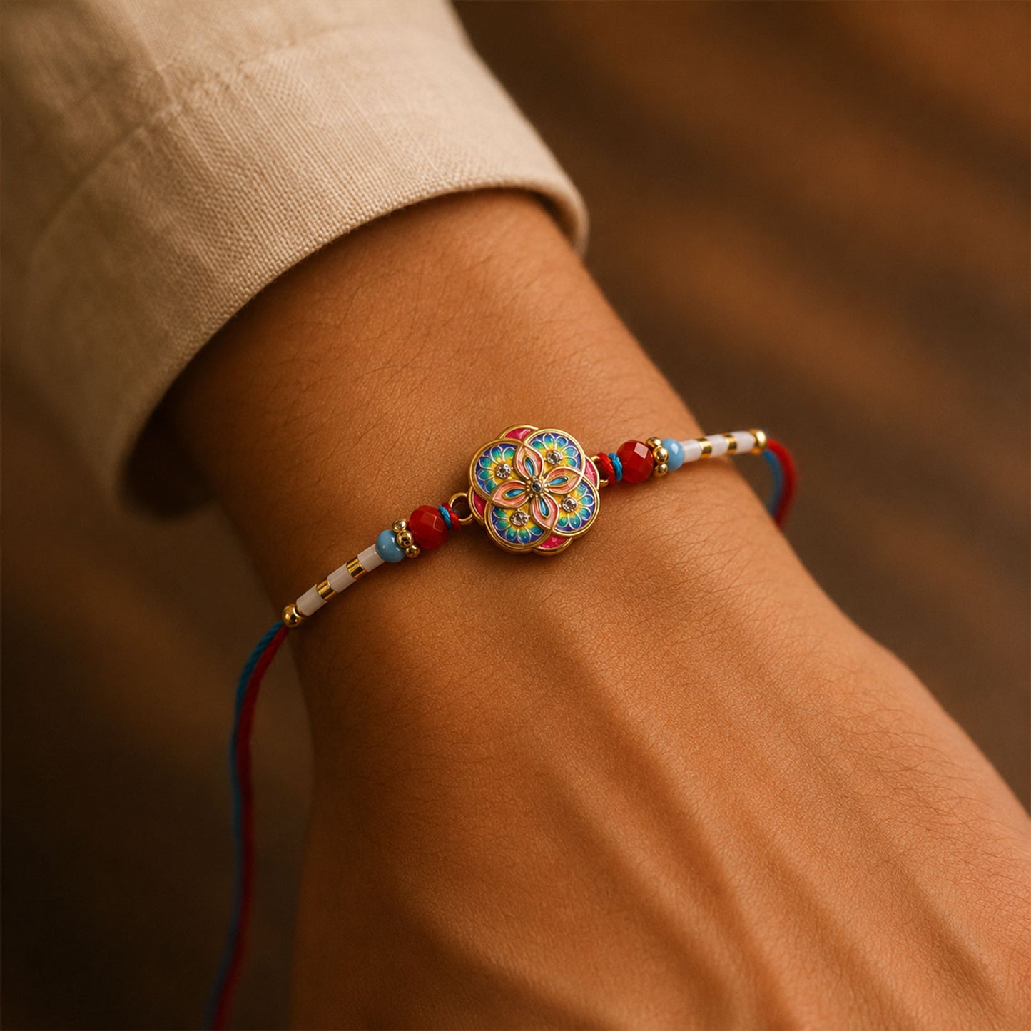 Colorful Kundan Round Rakhi with Red Beads and Blue Thread Edges