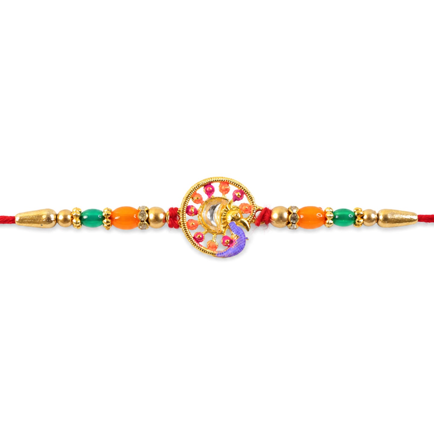 Traditional Rakhi with Round Sacred Medallion, gold trims and chain look for Gift Use