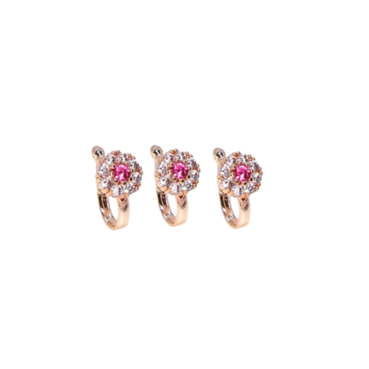 Rose Gold Plated Ruby Floral Non-Piercing Clip-On Nose Pin Combo Pack of 3