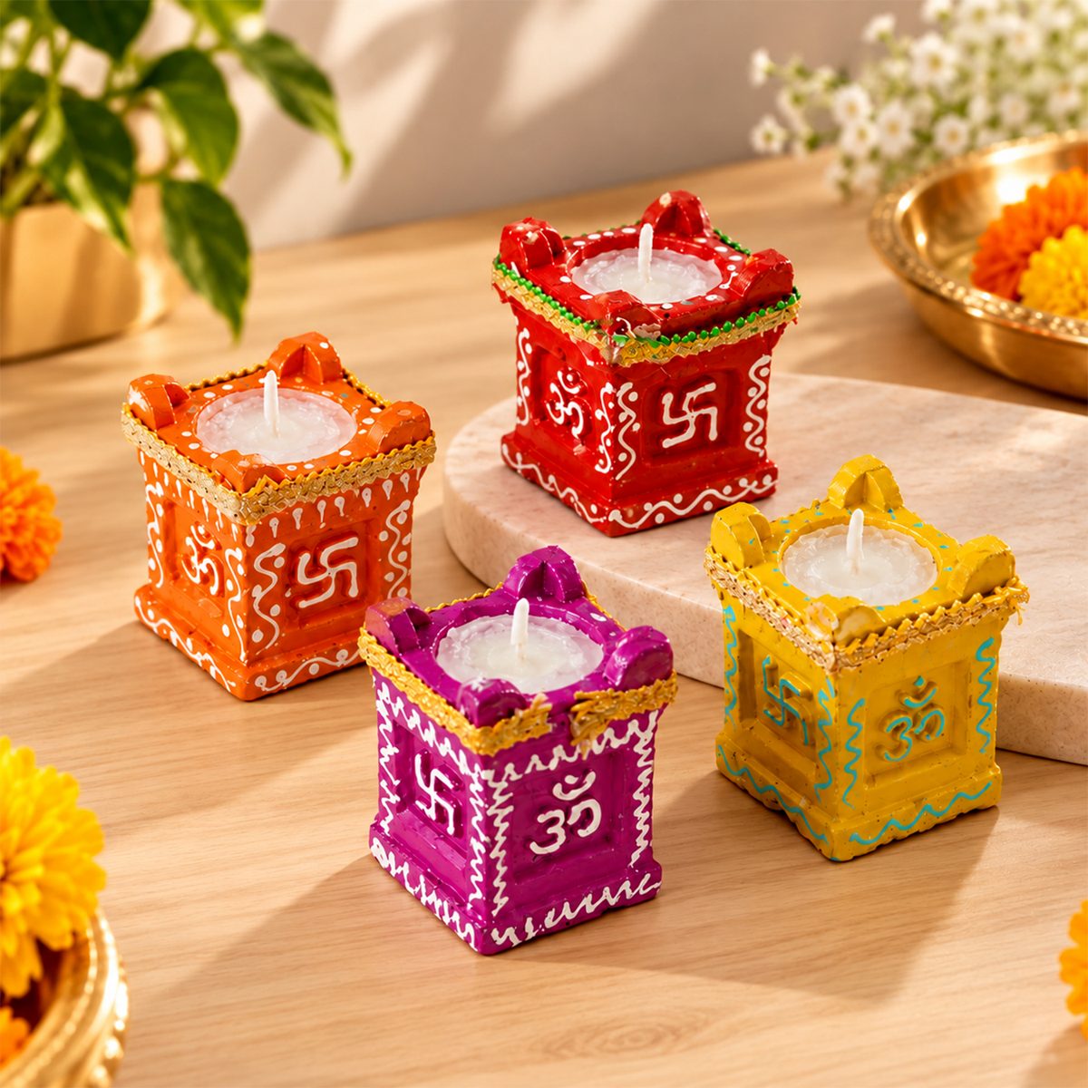 Tulsi-Shaped Decorative Clay Wax Diyas with Painted Details (4 Pc)